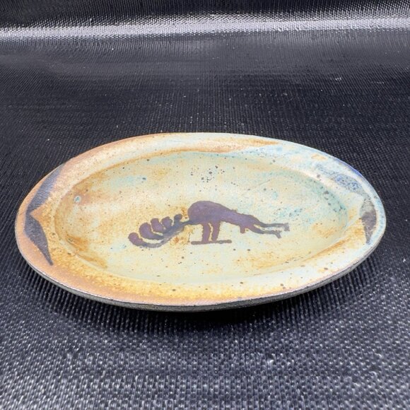 Vintage Hand Made Stoneware Oval Dish Plate Trinket Dish Holder Folk Art Signed - Picture 10 of 13